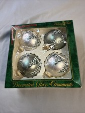 Vintage Holiday Time 4 Glass Christmas Ornaments Silver Frosted With Snow/Trees picture