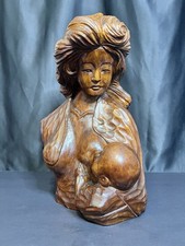 Vintage 17in Handcarved Detailed Breastfeeding Woman Solid Wood Bust Mother Baby picture