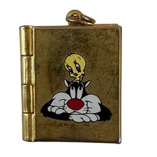 VTG 1999 Warner Bros Tweety Sylvester Mini Locket Charm Pendant Gold Tone Y2K picture