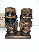 Vintage Ainu wooden sculpture Set two Hokkaido crafts W/Pedestal 7” From JAPAN picture