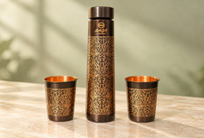 Ayurvedic Pure Copper Water Bottle with 2 Glasses Vintage Style Fastship picture