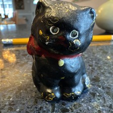 Antique Solid Cast Iron Black Cat Red Bow No Seams Victorian Folk Art Heavy picture