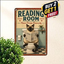 Whimsical Cat Reading Newspaper Tin Sign Funny Restroom Bathroom Metal Decor picture