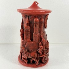 Vintage Munich Germany Relief Carved Pillar Candle Red Architectural NEW Unlit picture