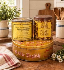VINTAGE Tins English Fruit Cake, Bowers Peanut Crunch, Sorghum, Cheese  Lot Of 7 picture