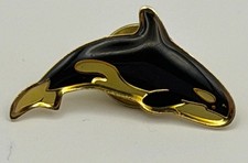 Vintage Orca Killer Whale Pin Black Gold Enamel Lapel Marine Life Ocean picture