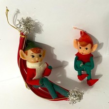 Vtg Felted Pixie Elf on Red Hammock + Small Knee Hugger Elf Ornaments picture