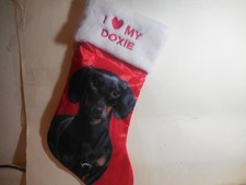 I Love My Doxie Embroidered Red Satin Fur Christmas Stocking Doxen Dachshund Dog picture