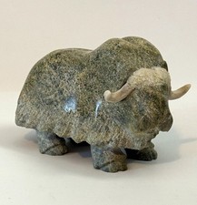 Inuit Musk Ox Carving Green Stone Antler Signed JJ? Canada Eskimo Art Tag picture