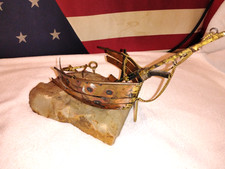 VINTAGE LARGE BRASS SUNKEN SHIP ON ROCK ART PIECE PIRATE CLIPPER TREASURE CHEST picture