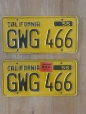 California 1956 Yellow License Plate Pair DMV Clear GWG 466 SPECIAL XMAS PRICING picture
