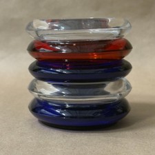 Vintage MCM Glass Coaster Candle Holder Red Cobalt Blue Clear Set of 5 picture