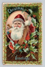 Vtg 1912 Embossed Santa Claus Toys Holly Christmas Greetings Postcard Germany picture