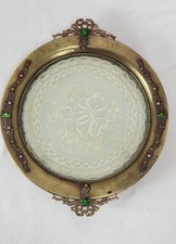 Antique E & JB Empire Art Gold Brass Copper Glass Dresser Jewel Tray Lace Doily picture