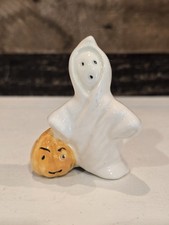 Vintage 1970s Mini Ceramic Spooky Ghost Pumpkin Figure Jack O Lantern Figurine picture