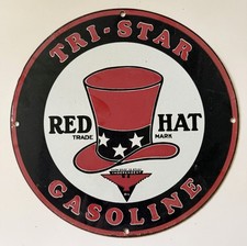 Vintage Tri-star Gasoline Red Hat Porcelain Enameled Steel Sign picture