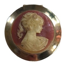 Vintage 1970s Cameo Pocket Compact Dual Lip Gloss Pill Box Gold Tone Rare picture