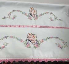 Pair Pillowcases Handmade Embroidered Butterflies And Flowers  31