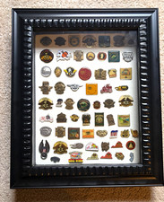 VTG Lot Of 62 Harley Owners Mixed Motorcycle Pinback Pins Shadow Box 18x15x2 picture