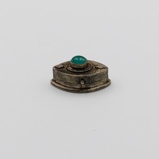 Vintage Silver Tone Marquise Eye Pill Box Green Cabochon Stone Tiny Trinket Box picture