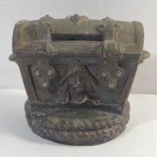 Vintage Treasure Chest - Cast Metal Coin Bank Pirate Skull  picture