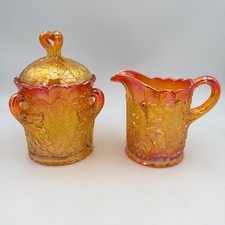 Mosser Glass Maple Leaf Marigold Carnival Glass Lidded Sugar Creamer Set picture
