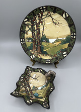 Antique NIPPON WOODLAND Plate Bowl Set Moriage Hand Painted Porcelain 2 Piece picture