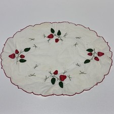 VTG Hand Embroidered Strawberry Oval Table Topper Doily Centerpiece Cottagecore picture