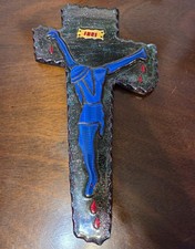 Vintage Mid Century Brutalist Resin Wood Wall Crucifix Cross Cobalt Blue Art picture