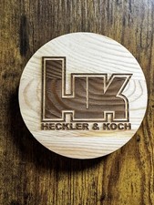 Heckler & Koch round Wood Engraved Sign Made In The USA 5x5 Collectors Edition picture