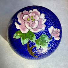 Vintage Chinese Cloisonne Enamel Trinket Box Cobalt Blue Brass Peony Clouds picture