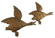 Flying Mallard Ducks Wall Hanging Gold Painted Metal Bird Figures Set Pair picture