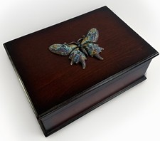 VTG Rare wooden Rhinestone Butterfly Enamel jewel Trinket Keepsake box Decor 7” picture