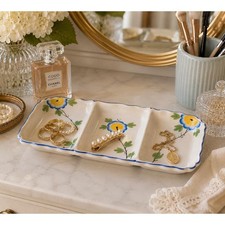 Royal Trico Hand-Painted Floral Blue Yellow Relish Dish jewelry Vanity decor picture