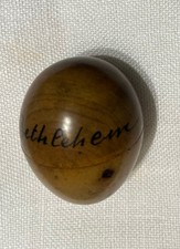 Egg Shaped Trinket Box Smooth Wood, Unscrews, Scripted Bethlehem, Pre 1960’s picture