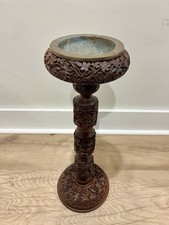 VTG Kashmiri 21” Hand Carved Smoking Stand Ashtray Solid Walnut Brass Tray picture