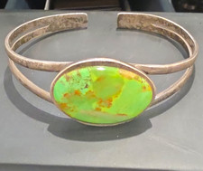 Native American US Sterling Silver Cuff Bracelet with Green Oval Stone picture