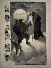 1888 “FATHER TIME WELCOMES SANTA CLAUS AND THE NEW YEAR” HAND -COLORED 23”x 17” picture