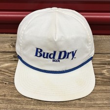 Vintage Bud Dry Beer StrapBack Hat Cap USA Made Budweiser Rope Brim White Blue picture