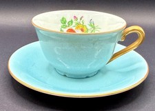 Vintage French Porcelain Demitasse Cup Saucer Turquoise Gold Gilt Floral France picture