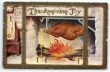 c1910 THANKSGIVING JOY TURKEY ROASTING OVER OPEN FIRE EMBOSSED POSTCARD P3336 picture