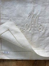 Vintage Sferra Bros Linen Table Runner Monogram M Hemstitch 54x16 Cottagecore picture