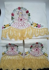 Vintage FULL Sheet Set 2 Pillowcases Embroidered Lady Crochet Edge & FULL Sheet picture