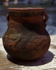 Vintage Tokoname red clay miniature dragon urn vase with gilded accents. picture
