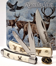 Remington Buck Mule Deer Scene Tin White Bone Peanut Lockback Pocket Knife Set picture