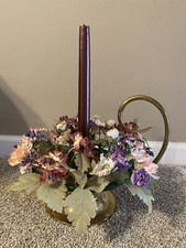 Vtg Baldwin Brass Chamber Candlestick Holder w/ Scroll Handle & Silk Flower Ring picture