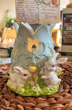 Vintage Easter Egg Candle Holder with Spring Garden and Baby Bunnies picture