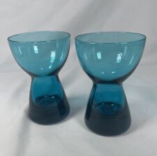2 Morgantown Barron Glass Peacock Turquoise Teal Candlestick Holders MCM 1960s picture