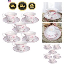 5oz Vintage Pink Rose Porcelain Tea Cup and Saucer Set for 6 picture