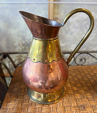 Vintage Belgian Dinanderie Copper Brass Pitcher Hammered Scalloped Collar Ewer picture